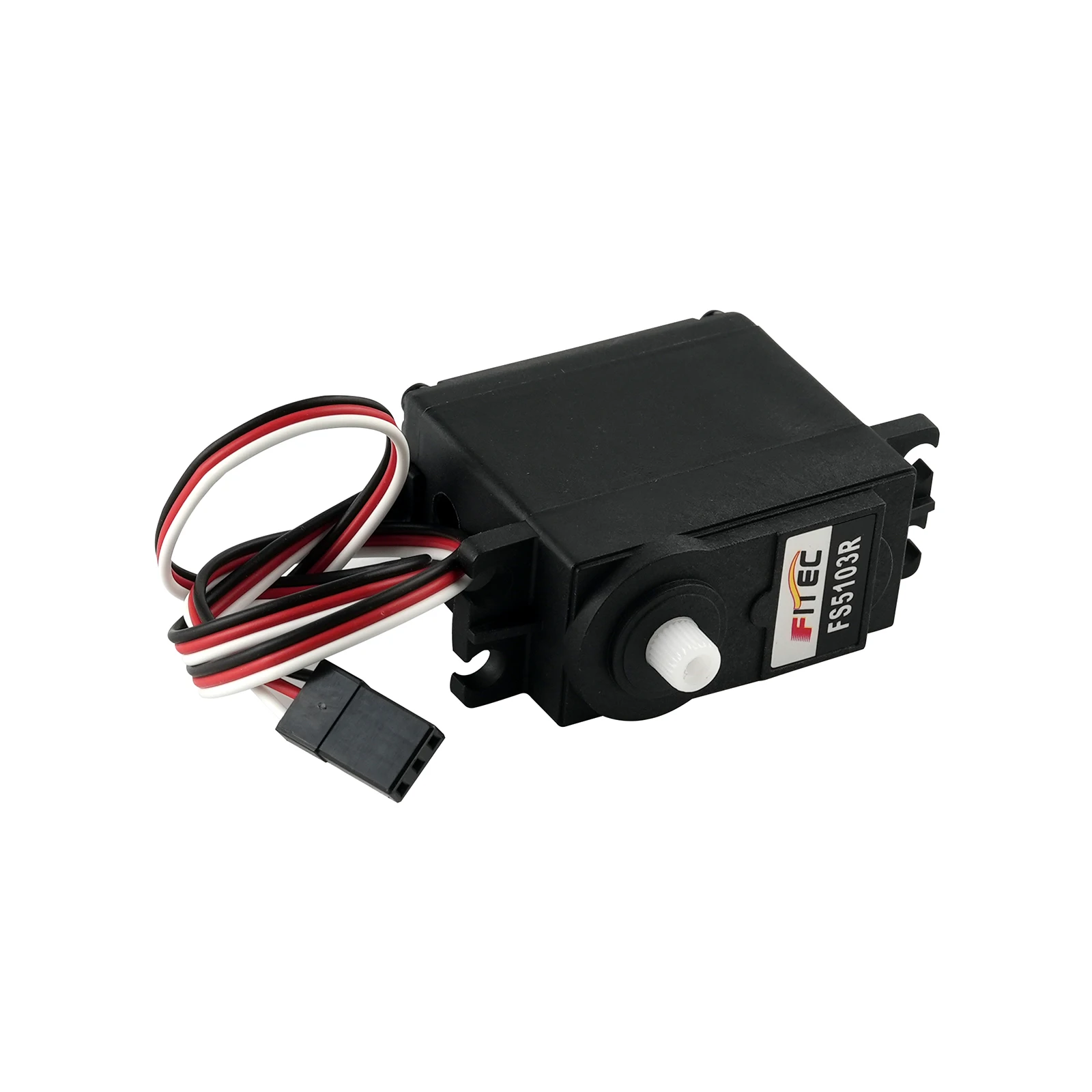 Servomoteur RC FS5103R 360° avec roue en action, rotation continue visible dans un projet robotique.