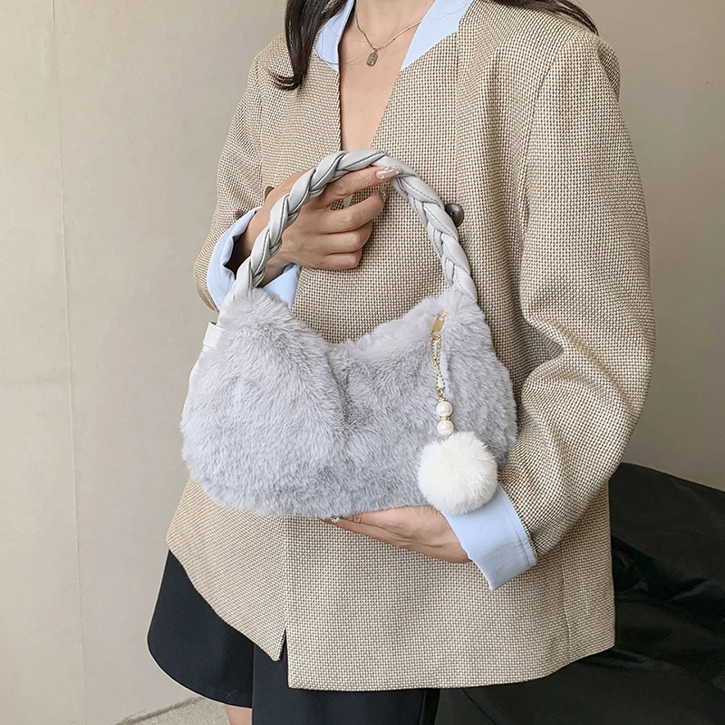 Y2K Fur Women's Bag 2023 Winter Eco Bag Korean Plush Twisted Handle Sling Bag Furry Saddle Bag Fluffy Tote Handbag Soft Purses