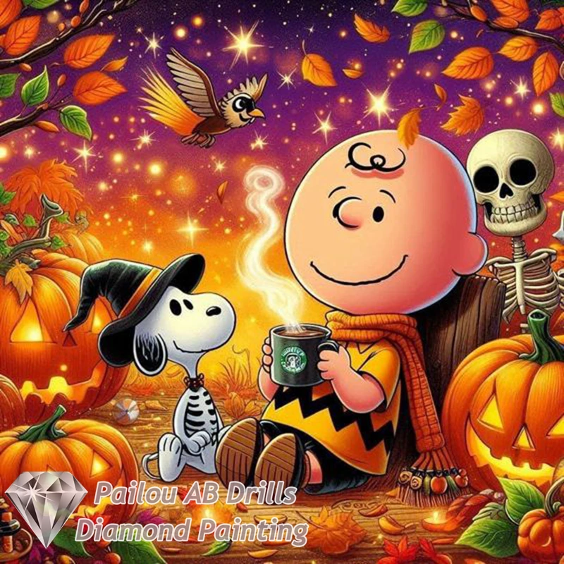 thumbnail image 1 of Pintura de diamantes con paisaje otoñal de Snoopy y Charlie Brown con calabazas para Halloween, taladros AB, punto de cruz completo, mosaico, decoración del hogar, 1 of 5