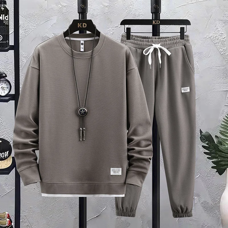 Knitted 2-piece Waffle Hoodie Men's Sportswear Set Sports Jogging Set with Pockets Spring and Autumn Leisure Sports Set 2pcs set o neck short sleeve casual outfit elastic waistband drawstring pockets men patchwork color t shirt jogging pants set