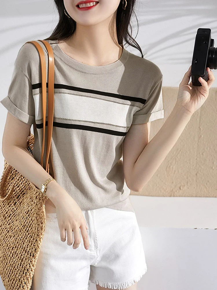 

Summer Clothes For Women 2020 Fashion Faux Rhinestone Contrast Striped T-Shirt Casual Turn Up Short Sleeve Top Femme