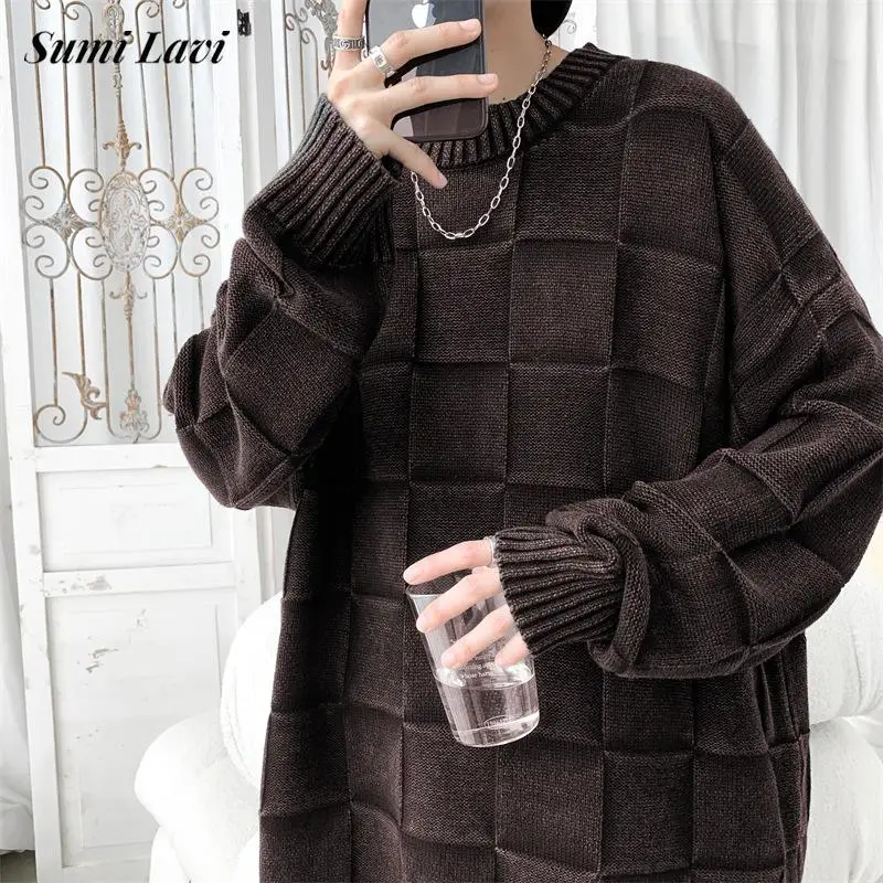 

Vintage Plaid Jacquard Knitted Sweater Tops Men Casual Long Sleeve O Neck Sweaters Streetwear Fashion Knit Jumper Mens Knitwear
