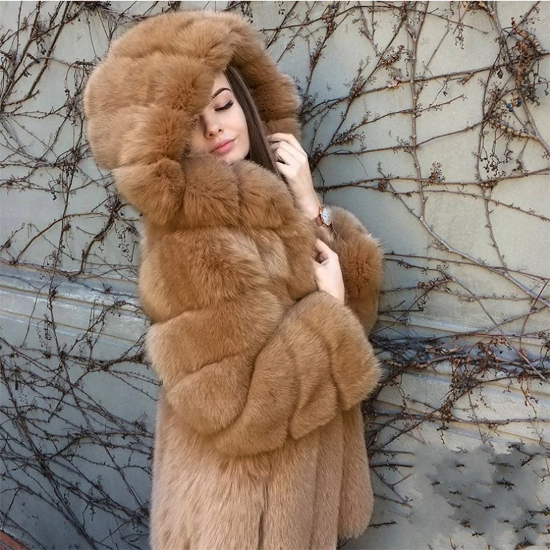 2023 Autumn Winter Women Hooded Fur Coat Midi Elegant Luxyry Thick Warm Faux Fox Fur Hooded Jacket Furry Overcoat