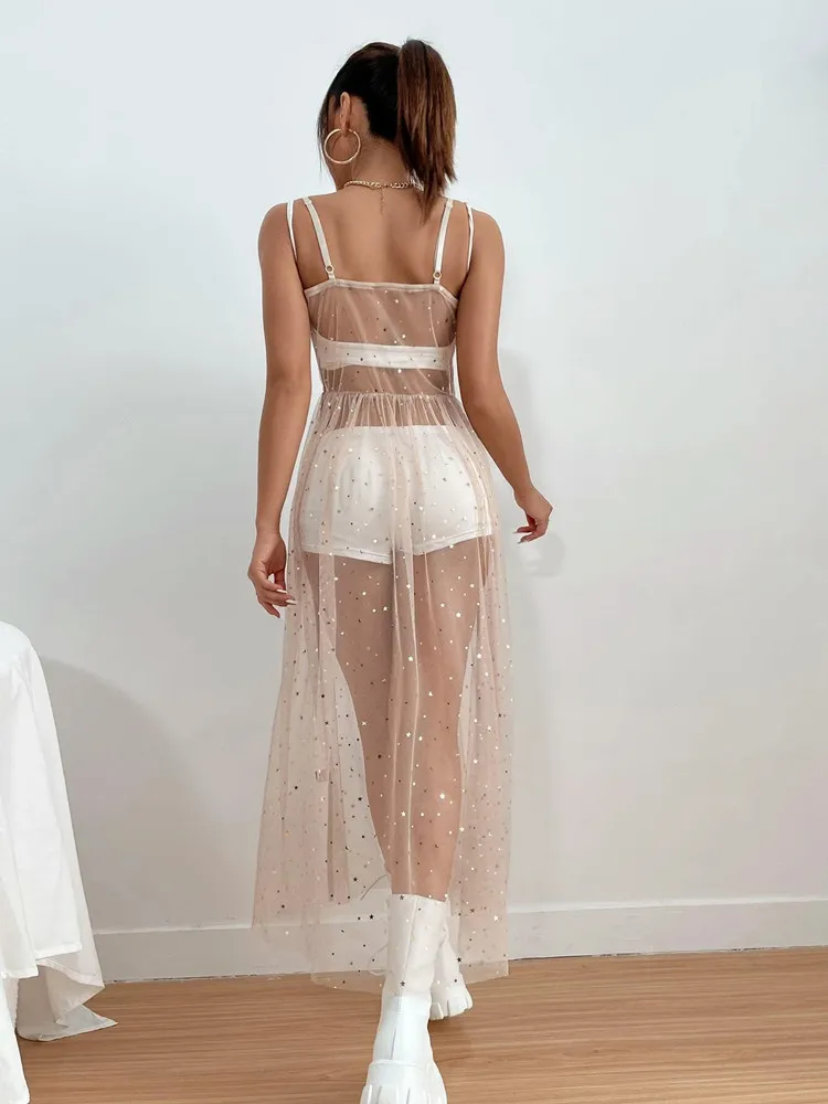 Sequin Mesh Sheer Dress Women Sleeveless Split Midi Dress Sexy Summer | eBay
