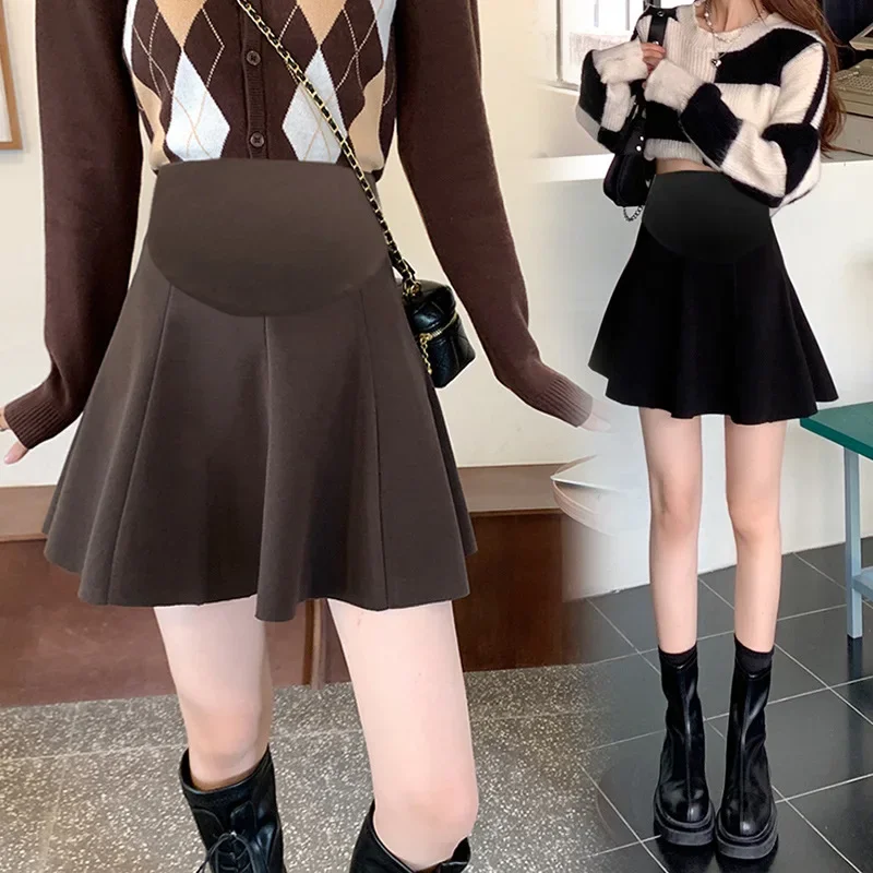 High Waist A- Line Mini Skirt for Pregnant Women Autumn Winter Woolen Sweater Outerwear Versatile Short Skirt Childproof