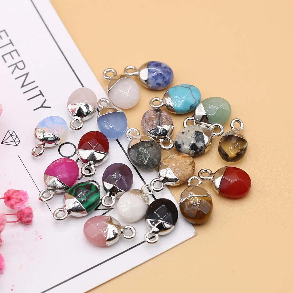 

5pcs Mixed Color Natural Stone Semi-Precious Stones Silver Bezel Irregular Round Pendant Jewelry Necklace Accessory 8x14mm