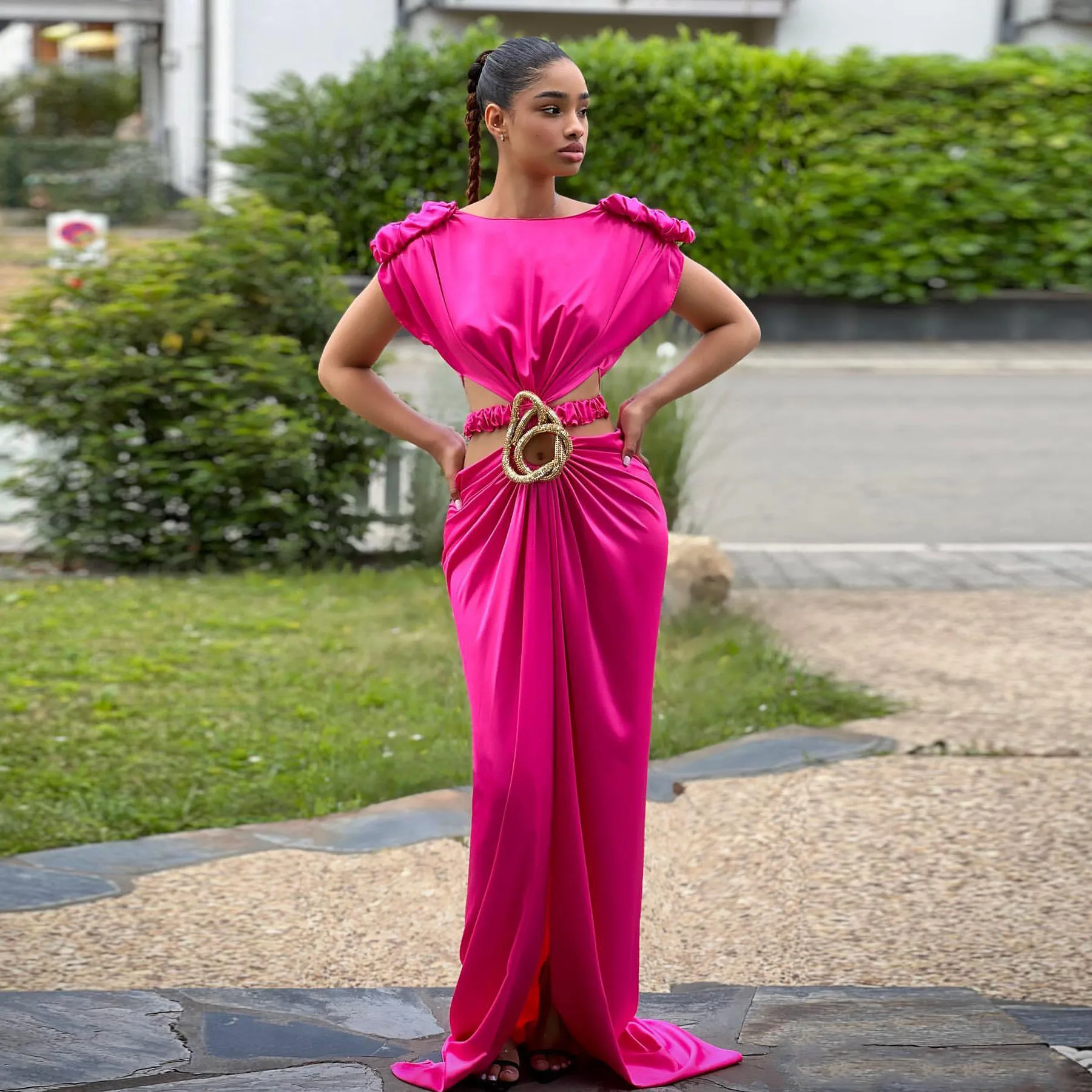 

Элегантное ярко-розовое платье Русалка для выпускного вечера вырез лодочкой Короткие рукава вскрытый пояс разрез длина до пола плиссированные вечерние платья из искусственной кожи