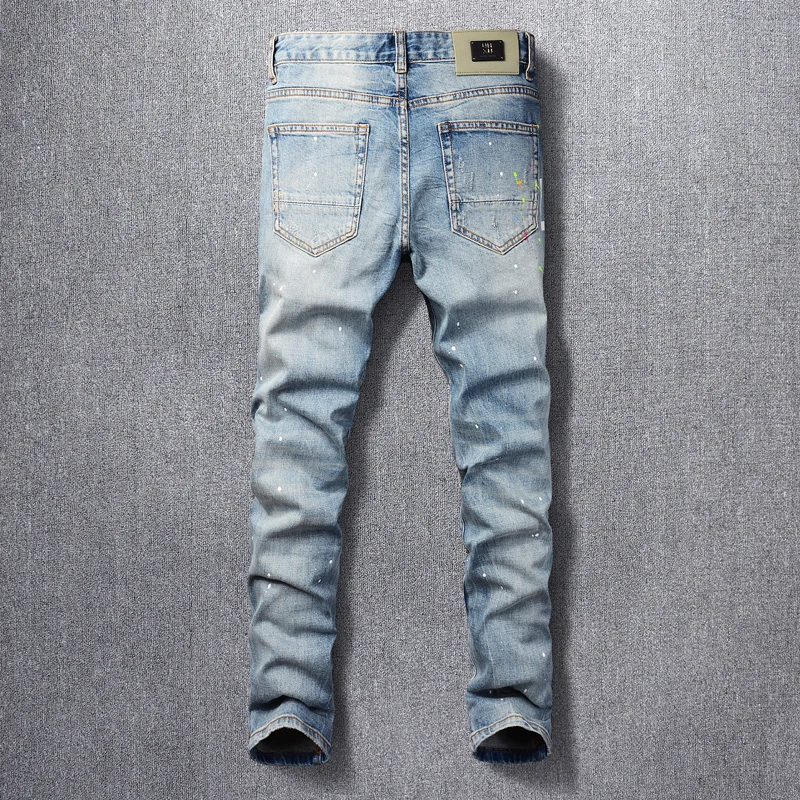 High Street Fashion Men Jeans Retro Light Blue Printed Ripped Jeans Men Painted Designer Patched Hip Hop Vintage Denim Pants