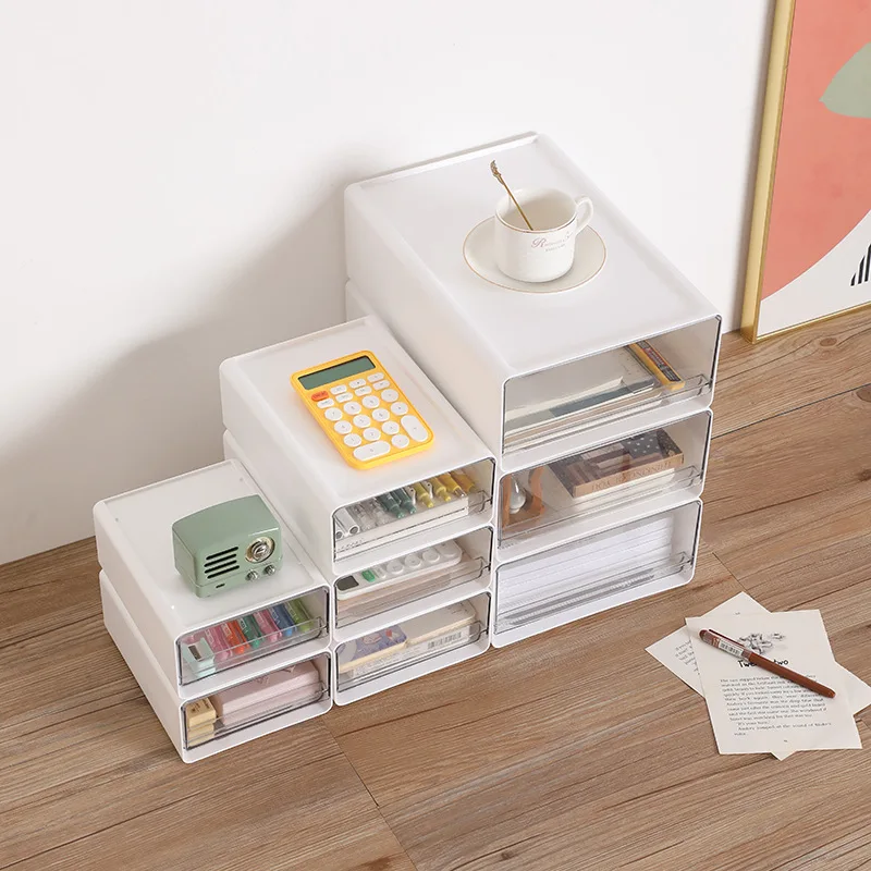 Organizzatore di cassetti impilabile Scatola portaoggetti da tavolo Armadietto portatile per ufficio e studio Cassetti trasparenti con design combinato - immagine 2