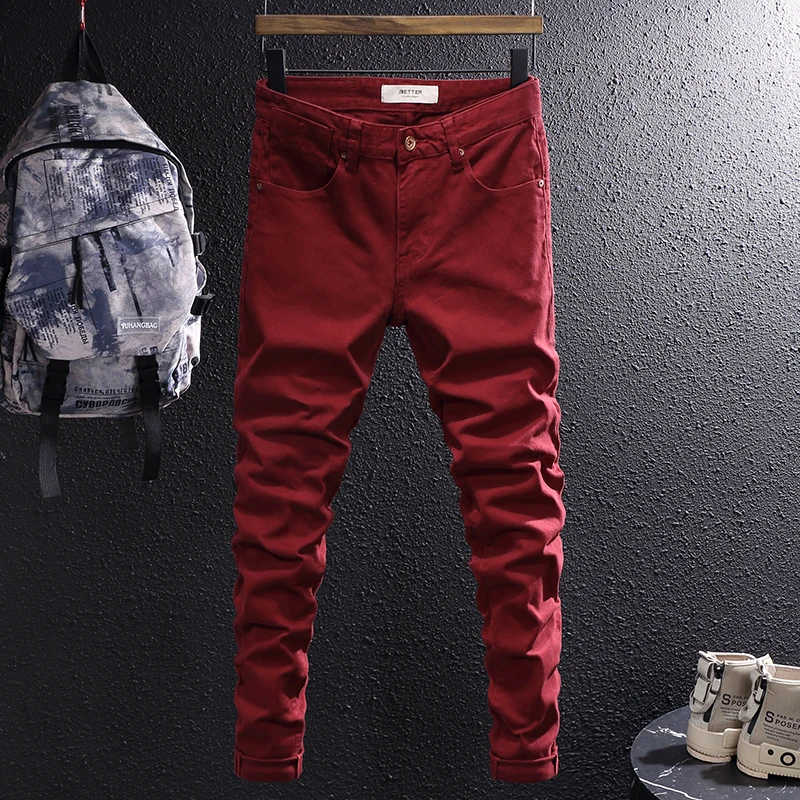 men casual business jeans fashion slim fit stretch denim pants classic style pure color male jeans trousers men luxury clothing Fashion Vintage Men Jeans Red Color Elastic Stretch Slim Fit Simple Designer Jeans Men Korean Style Casual Denim Pants Hombre