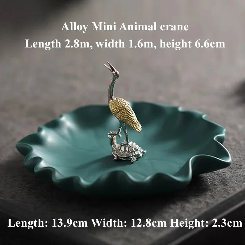 Ceramic Zen Fragrance Incense Burner Lotus Leaf Plate Base Alloy Crane on Turtle Sandalwood Stove Household Indoor Supplies, 1Pc