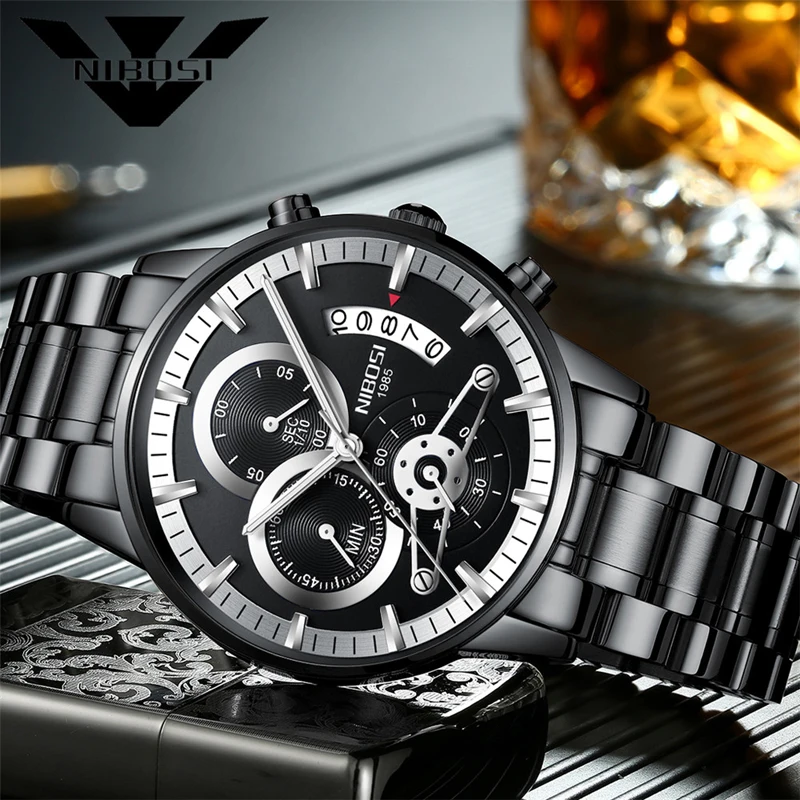 NIBOSI Brand Luxury Chronograph Quartz Watch for Men Stainless Steel Waterproof Luminous Fashion Mens Watches Relogio Masculino