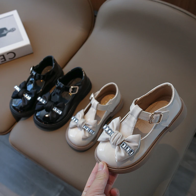 Girl Leather Shoes Diamante Bowtie T-strap Flat Shoes Chunky Autumn Hook-loop 26-36