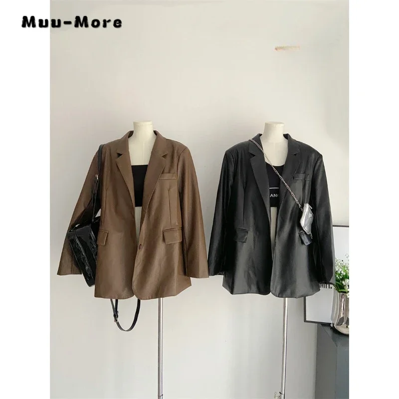 

Women Retro Office Lady Solid Color Notched Collar Long Sleeve Blazers 2023 Winter Vintage Casual Loose Leather Tailored Coat