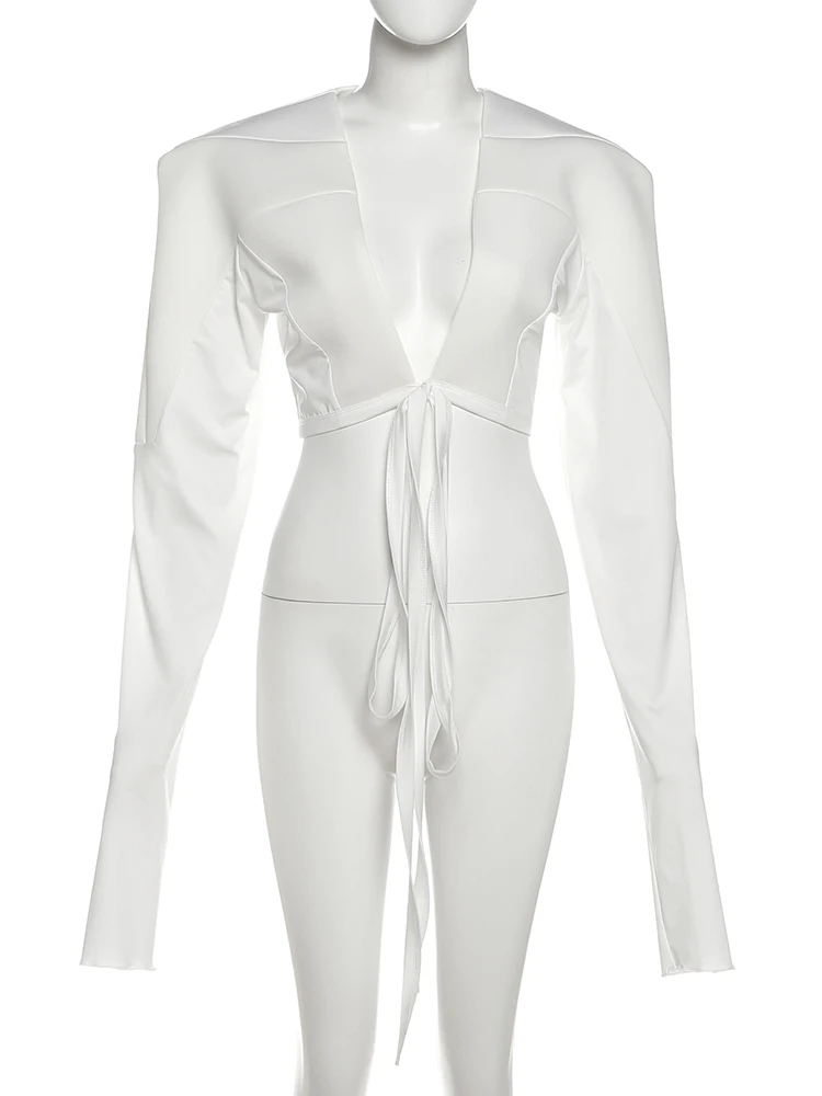 Nibber Autumn Patchwork Crop Jacket Women Hipster Cross Bandage Open Stitch Extra Long Sleeve Streetwear Solid Fashion Wild Coat