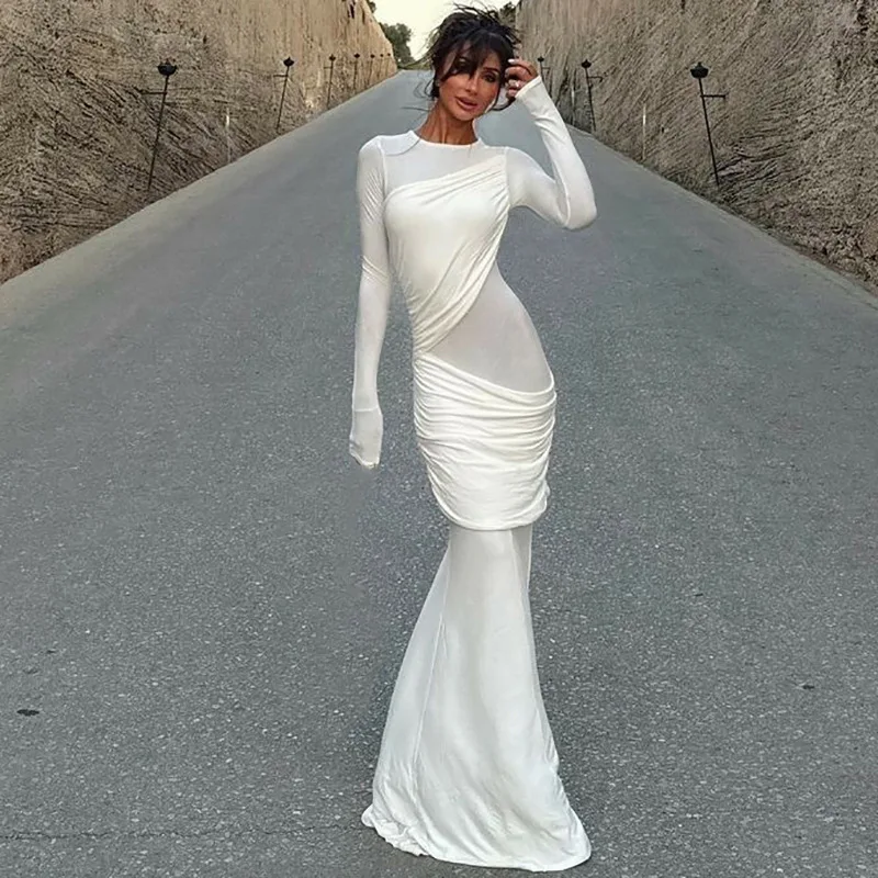 Fashion Mesh Patchwork Maxi Dress Women's Pleated Skinny High Waist Slim See-Through Solid Party Dress Female Long Dress