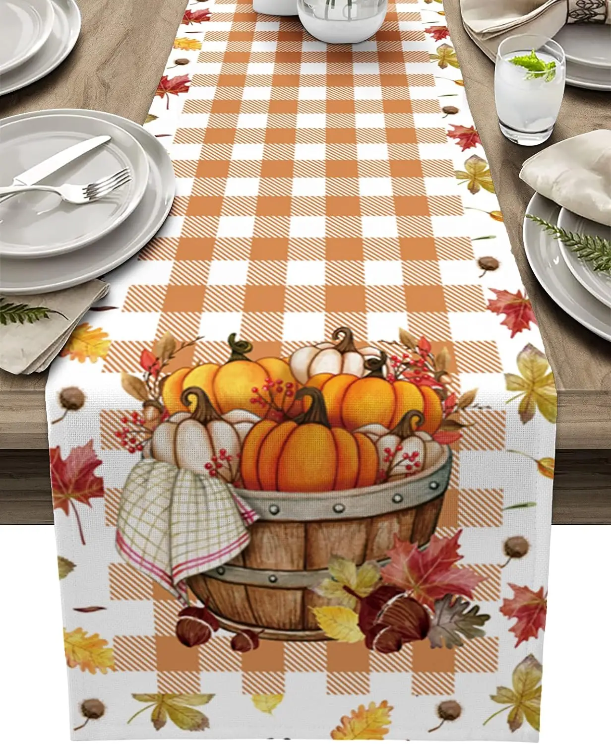 

Thanksgiving Pumpkin Autumn Leaf Linen Table Runner Orange Check Dresser Scarves Table Decor Kitchen Holiday Wedding Party Decor