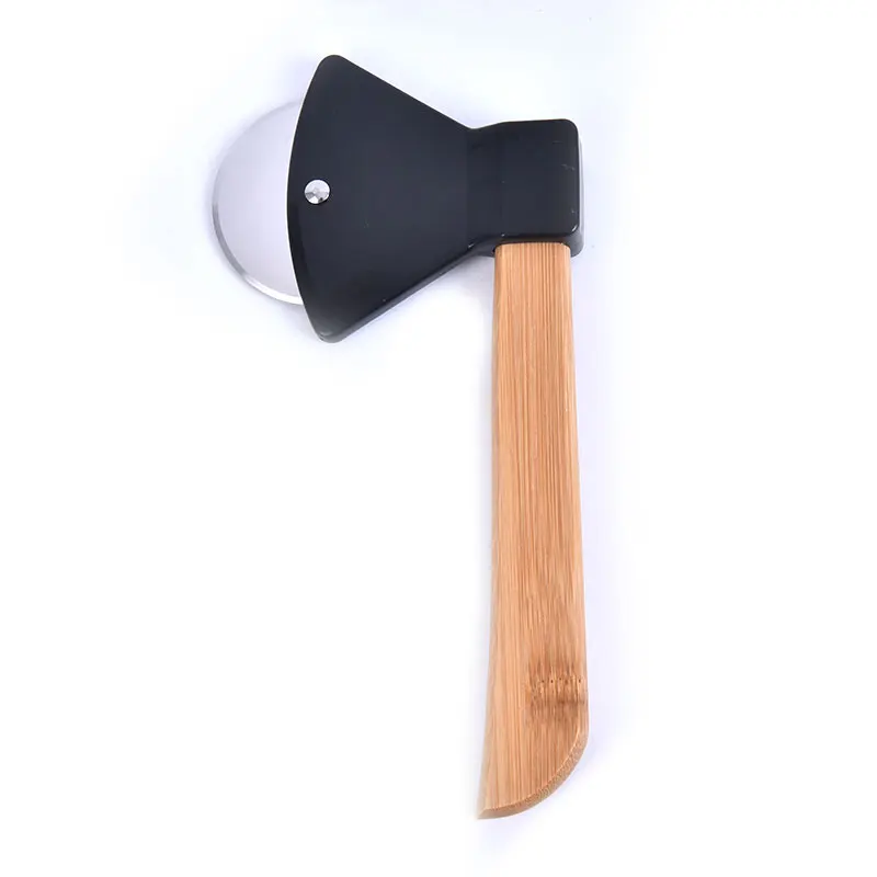 Axe Bamboo Handle Pizza Cutter Rotating Blade Home Kitchen Cutting Tool