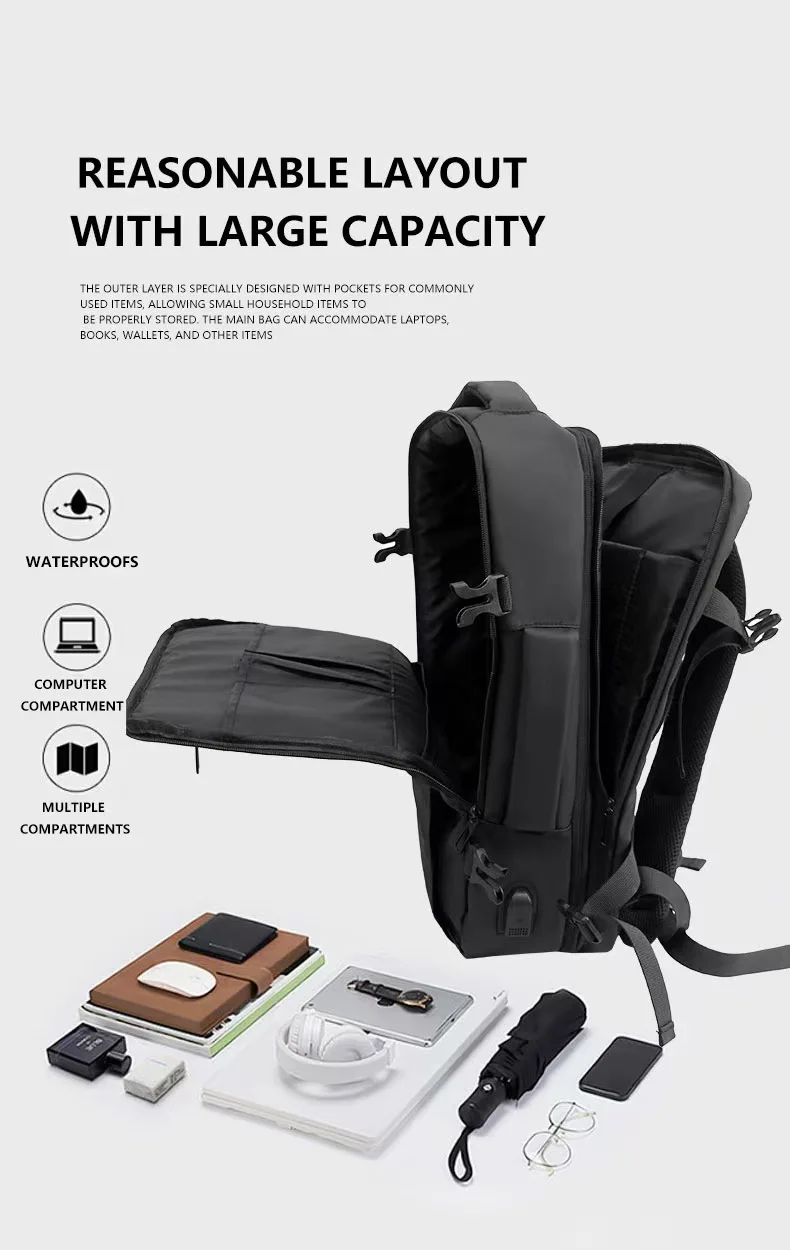 EleJrny Men Business Capacity 17.3Laptop Backpack Large Capacity Expandable Backpack Waterproof USB Travel backpacks men camping