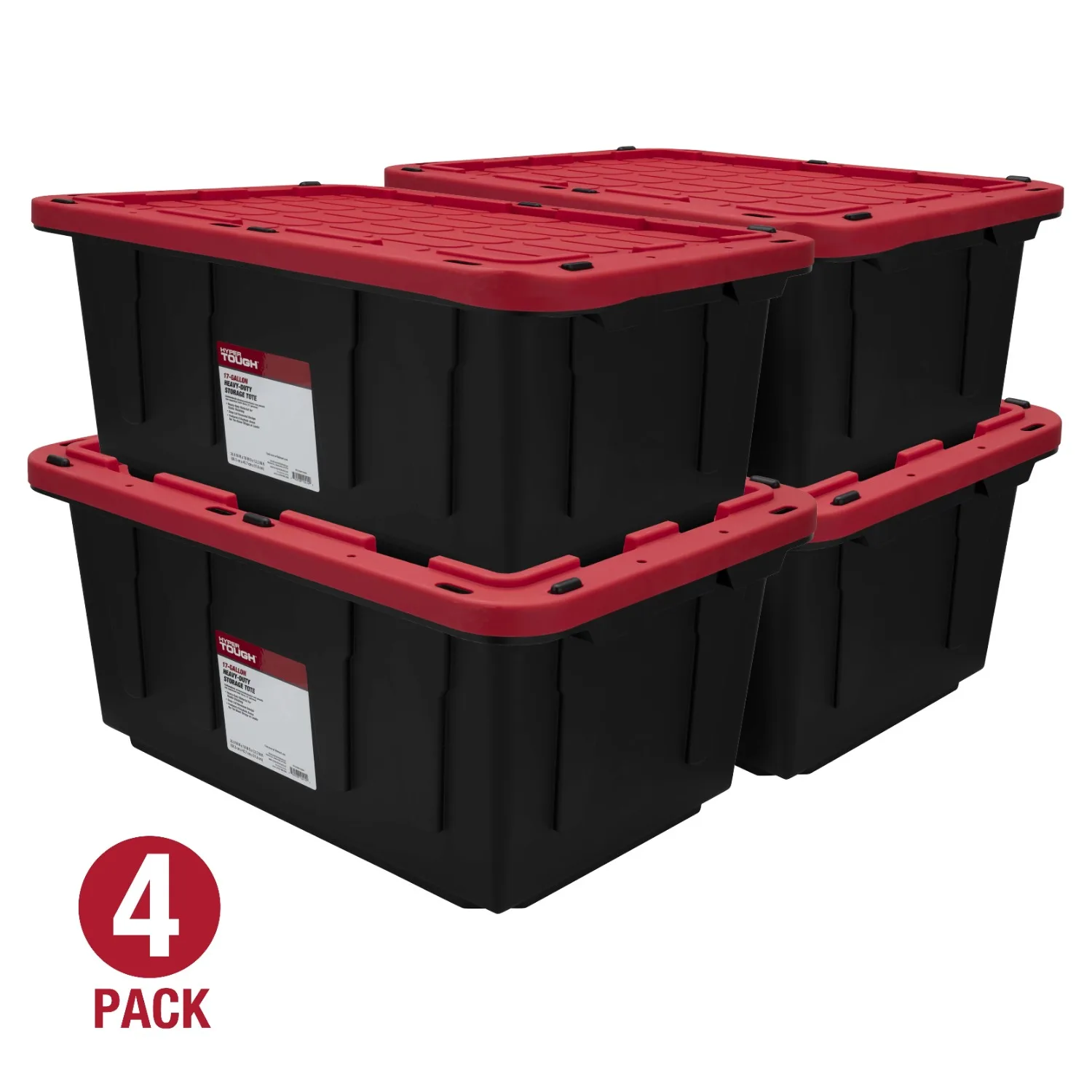 

Hyper Tough 17 Gallon Snap Lid Plastic Storage Bin, Black/Red, Set of 4