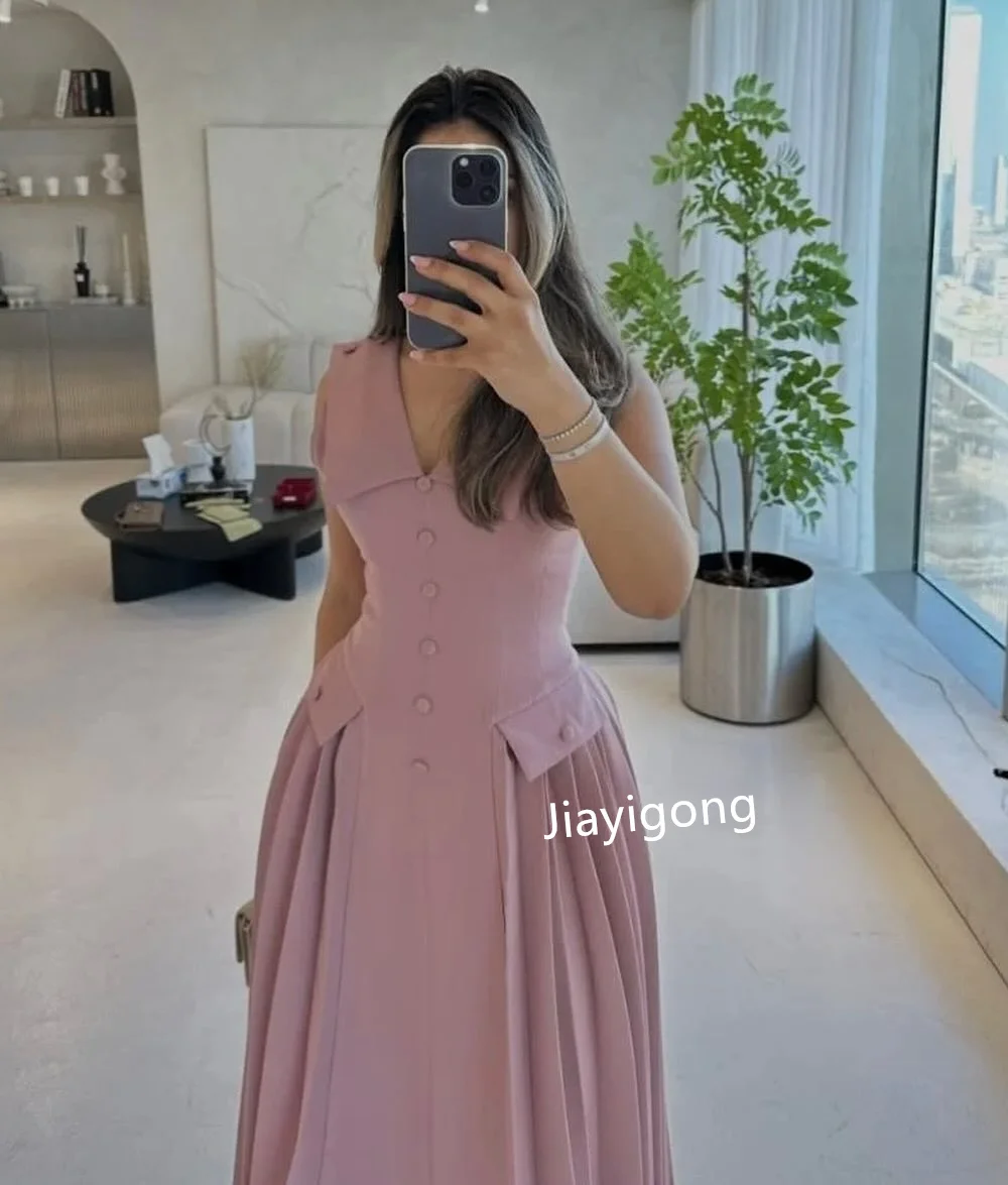 Customized Fashion Jersey Pleat Button A-line V-neck Midi Dresses Bespoke Occasion Homecoming High Quality Matching S45ea938d8cf44b548dc3b832edd6b0ff0