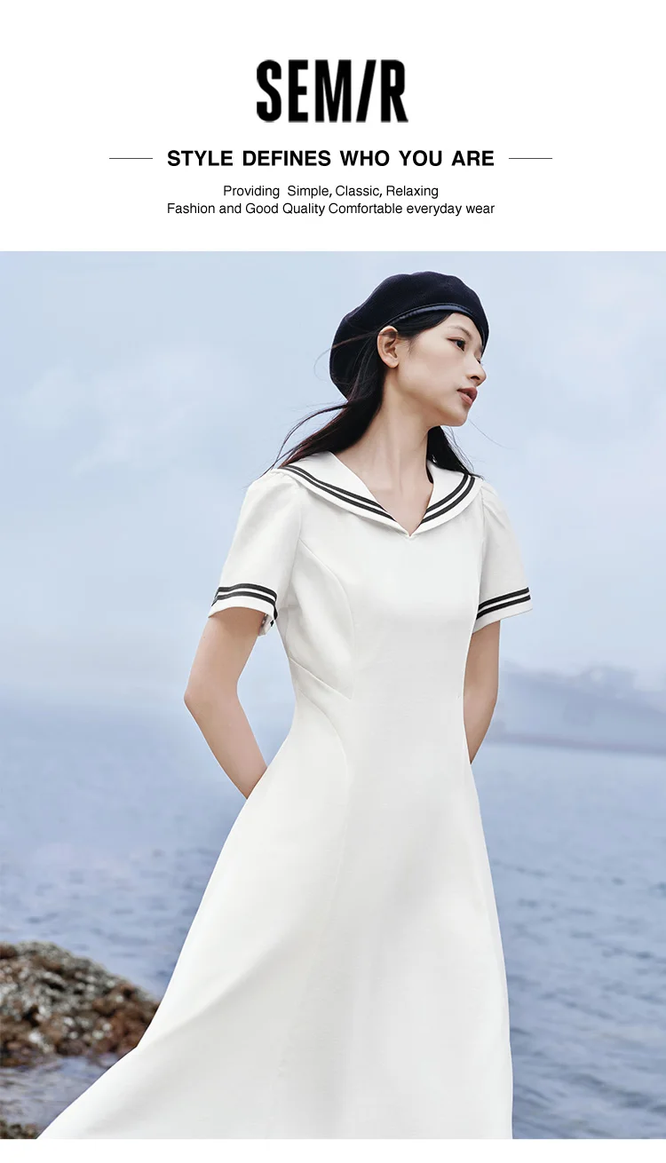 Dress Women Navy Collar With A Collegiate And Artistic Style Summer New White Moonlight Waist-Cinched Long Dress