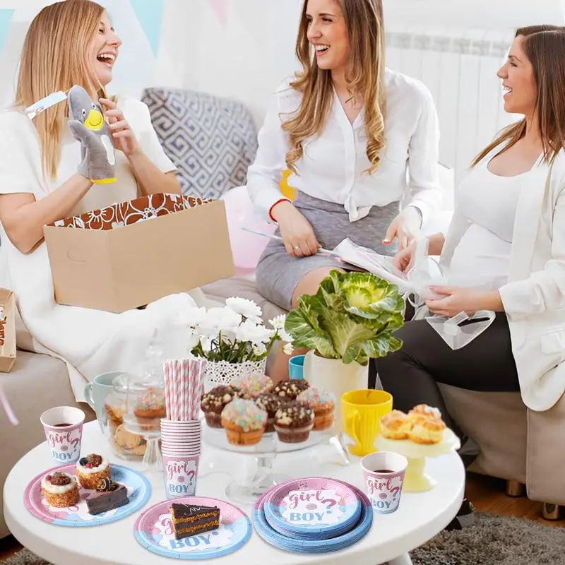 120PCS Deluxe Gender Reveal Party Supplies Kit-Includes Colorful Plates, Cups, Napkins, Paper Straws, and Tableware