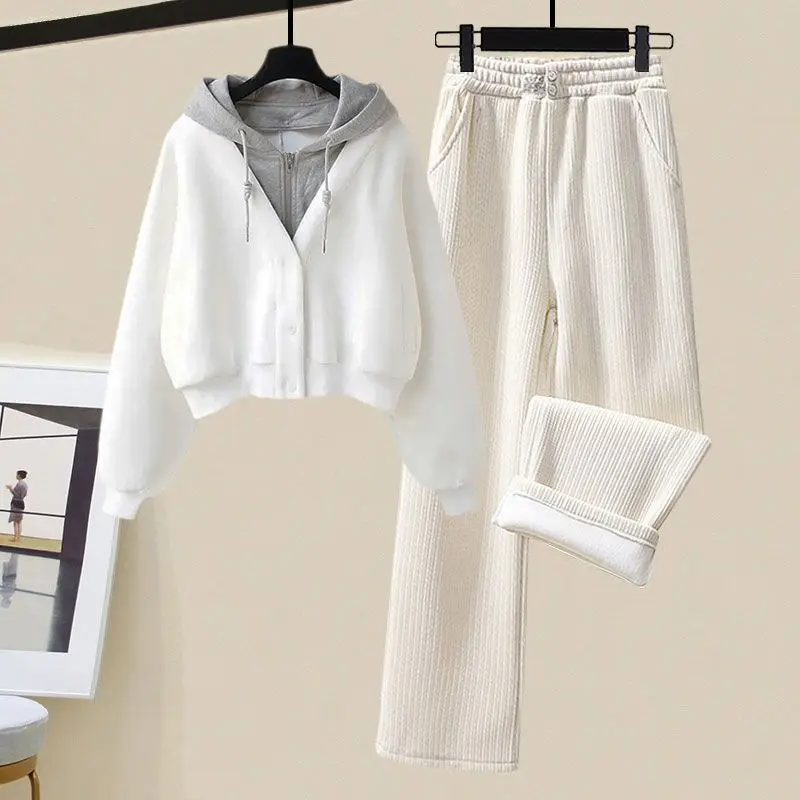 

Two Piece Set For Women Hooded Sweatshirt+Wide Leg Pant Sets Patchwork New Korean Outfit Long Sleeve Tracksuit 2023 Fashion Suit