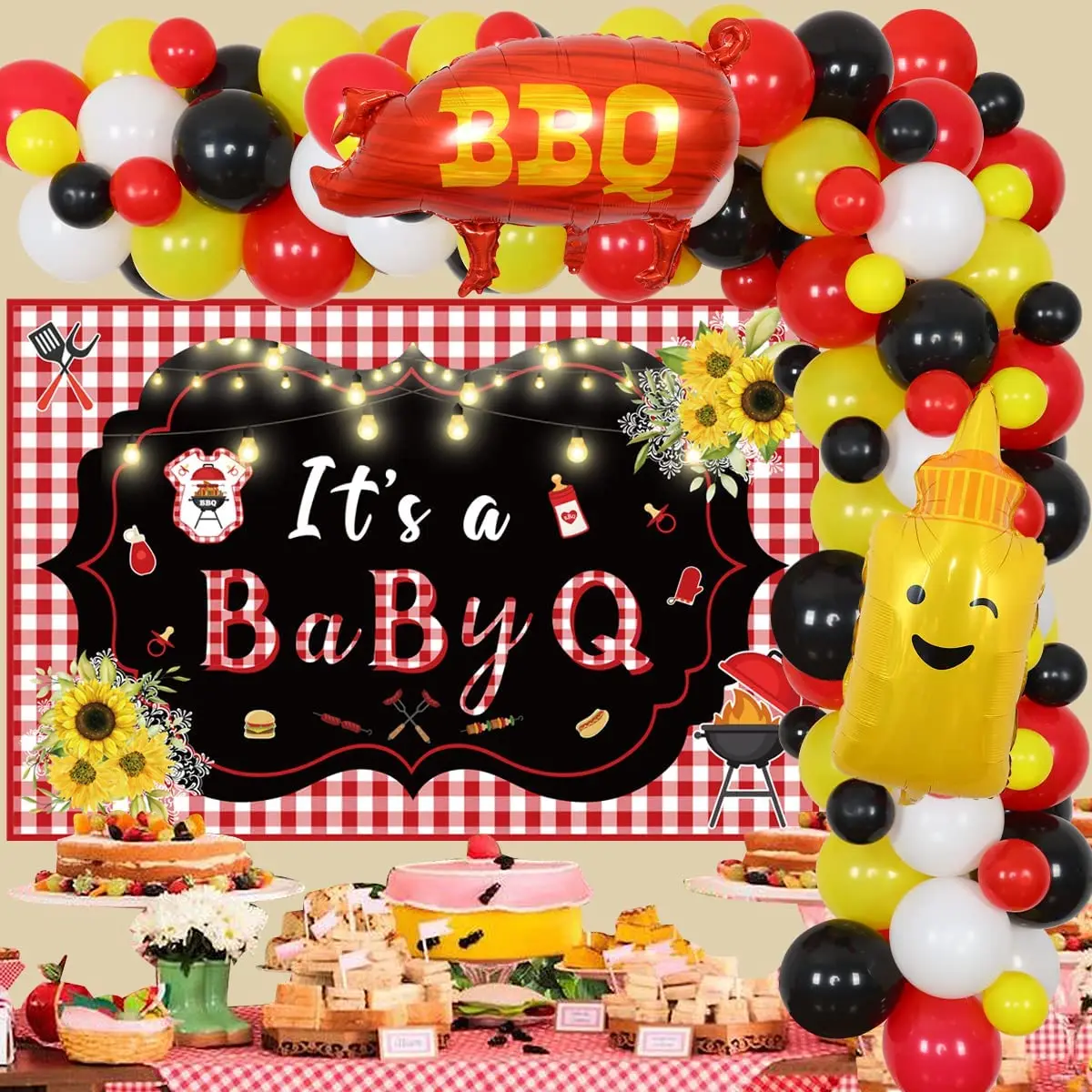 

JOLLYBOOM-Backdrop Balloon Arch Kit, Pig Foil Balloons, Barbecue Themed Party Supplies, BBQ Decorations, It's A BabyQ