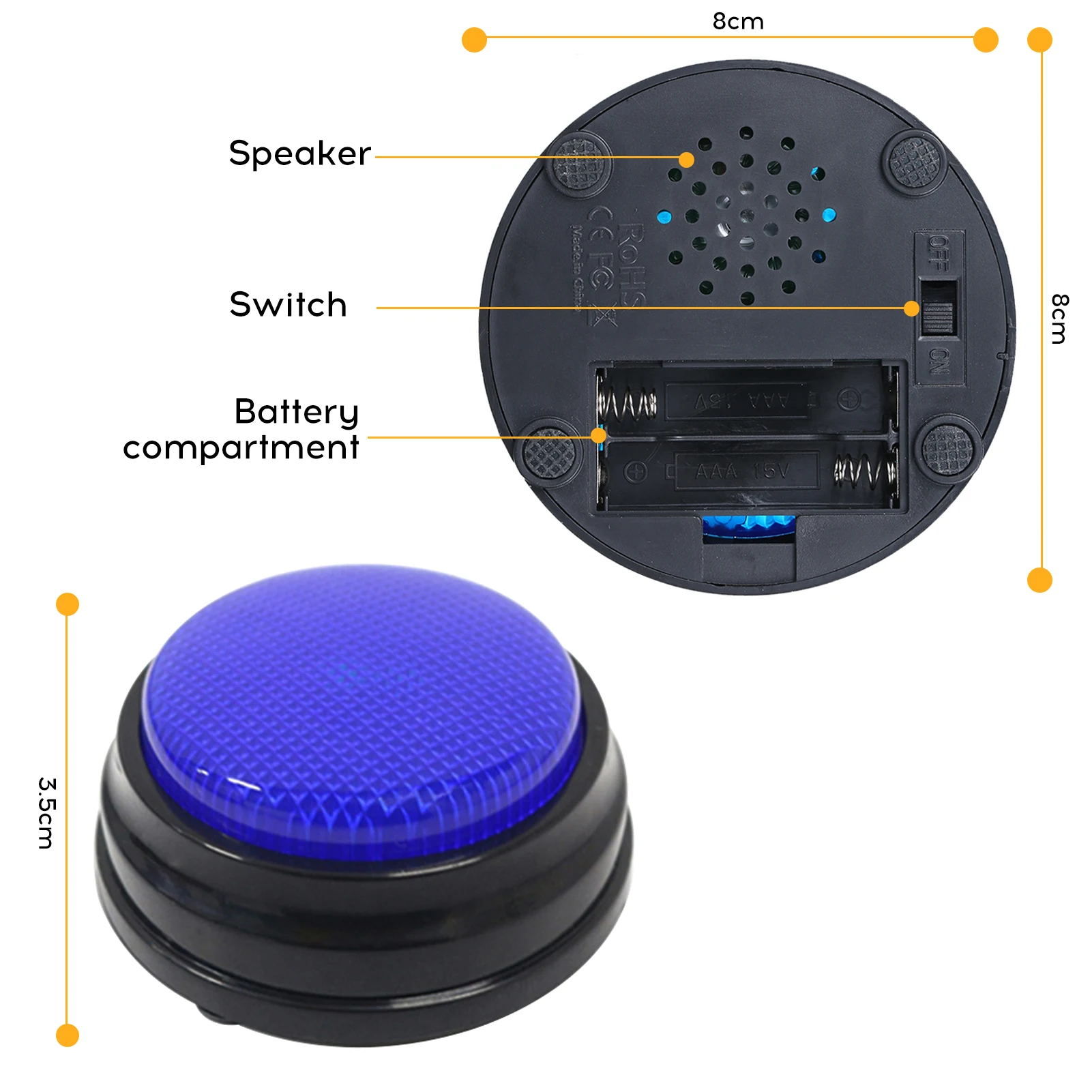 Bouton de roi avec fonction LED enregistrable, ressources d'apprentissage, buzzers, orange, bleu, vert, rose, 4 pièces