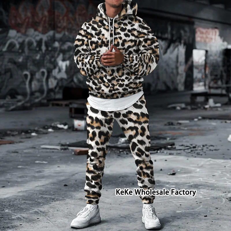 Autumn Fashion Leopard Printed Men's Sweatshirts+Sweatpants Two Piece Sets Male Long Sleeve Hoodies Suit Plus Size 5XL Clothes new mens fleece hoodies diagonal zipper long sleeve hoodie sweatshirts male outwear hoodies pants two piece set sweatshirt