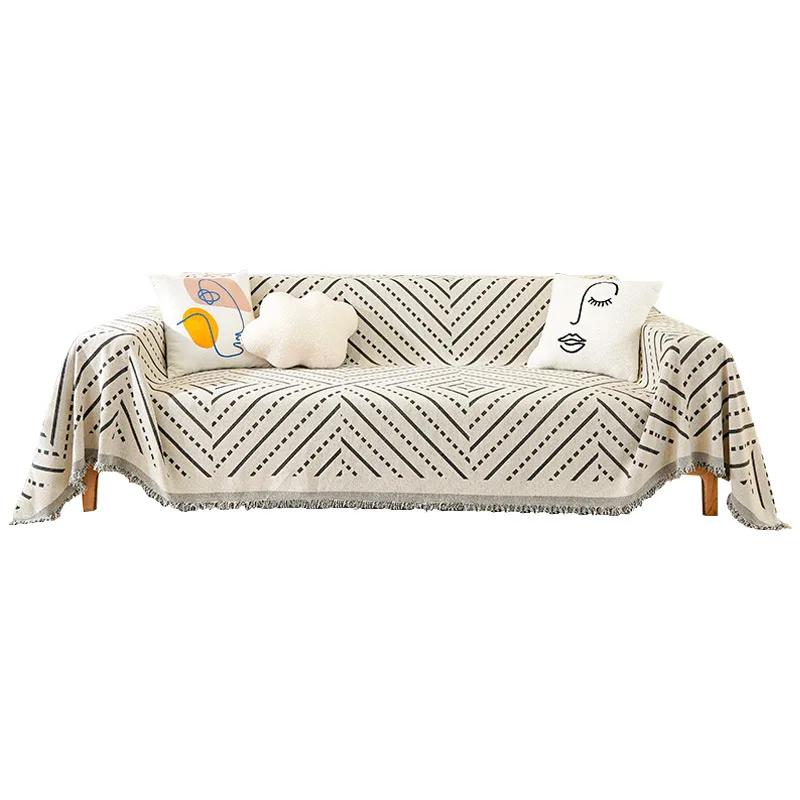 Art Deco Chenille Sofa Throw Covers &ndash; Machine Washable, Pet Friendly Stylish Geometric Design Throw with Fringe