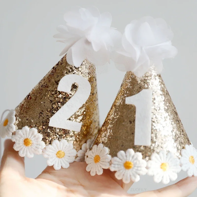 Ins Kids Birthday Party Hat 1 2 3 Baby Shower Decor Daisy Theme Birthday Headwear Glittler Hats For Baby Girl Pets Cap