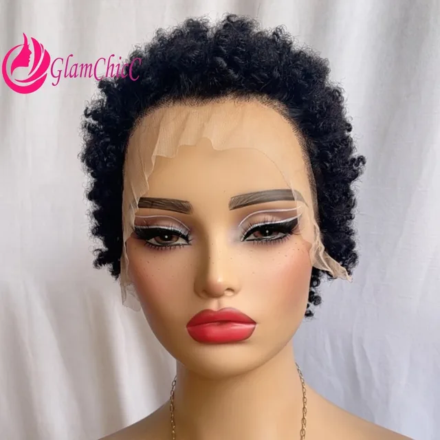 Haute qualité 13*4 dentelle avant africaine défilement chenille couleur naturelle 6 pouces perruque de cheveux humains 180% densité brésilienne vierge Remy 1