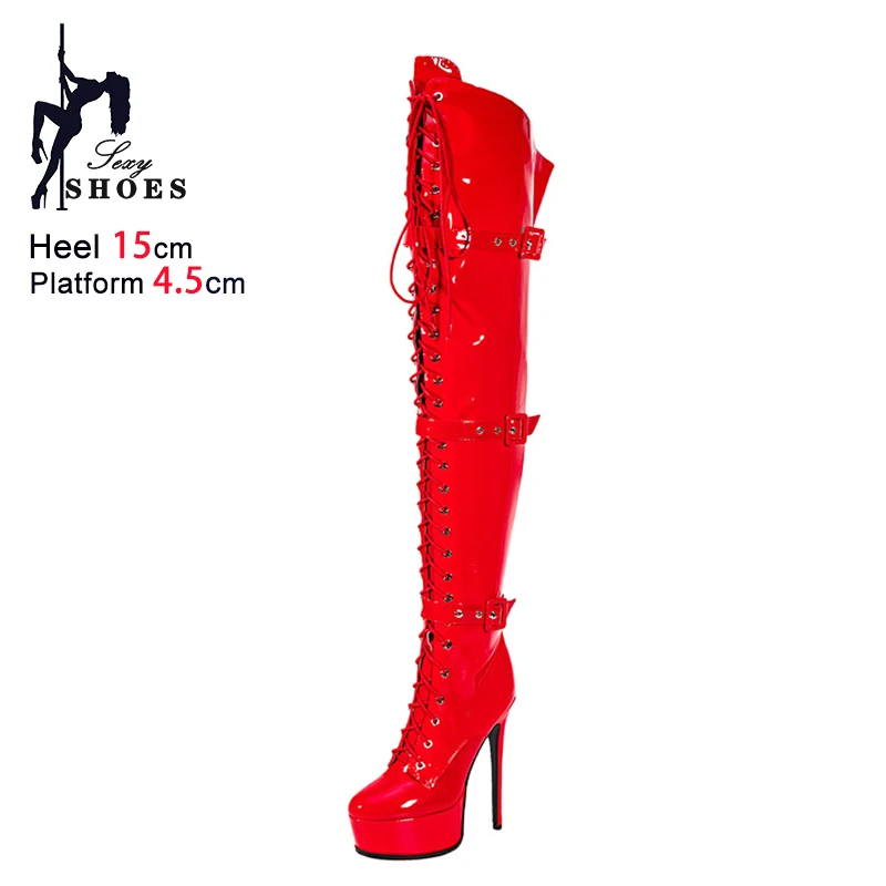 Nightclub Queen Sexy Pole Dance Boots 15CM Stiletto Heels Women Platform Large Size Shoes Club Buckle Strap OverKnee Thigh Boots