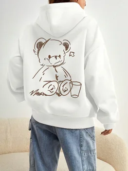 Cute Bear Back Print Women Hoodies Loose Hoodie New Autumn Winter Hooded Pullover Streetwear Fashion Unisex Sweatshirts Tops