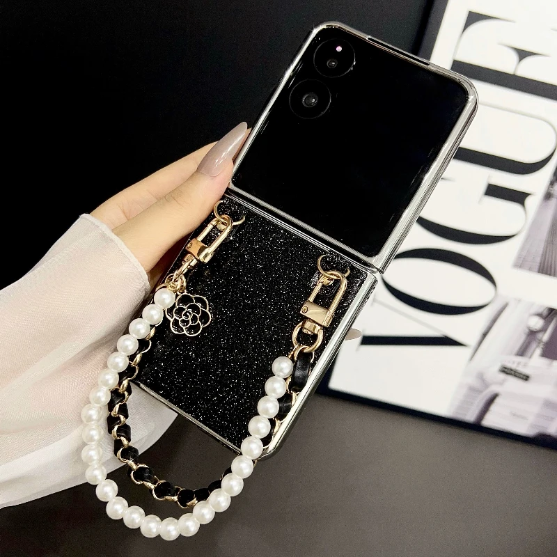 Electroplated Glitter Case with Pearl Bracelet - Solid Color Shockproof Cover
