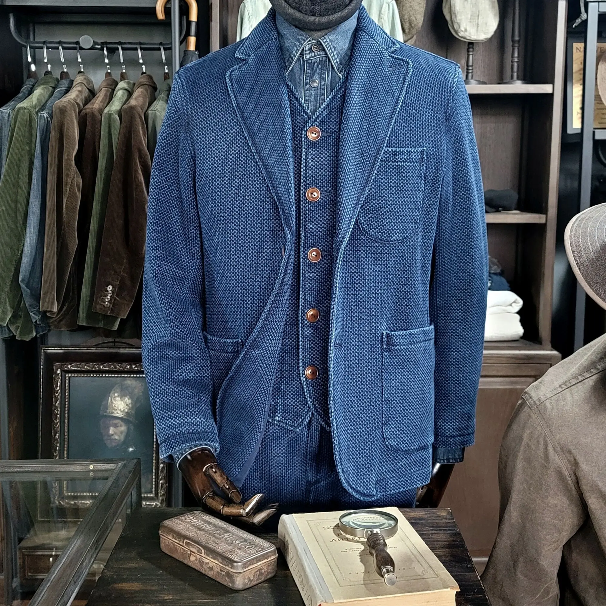 Men's Suit Blazer Indigo Blue Sashiko 12.5oz Regular Fit 3 Pockets Casual Business Vintage Jacket Designer Clothes 3