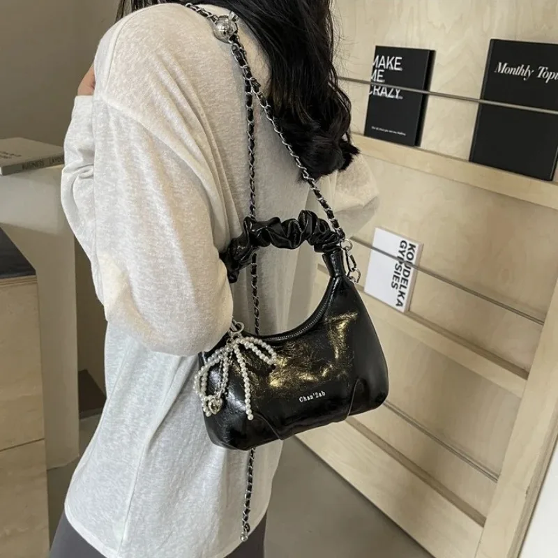 Y2K Underarm Bags for Women Girls Pleated Handle Design Ladies Pearl Bow Handbag Adjustable Strap Shoulder Crossbody Bag