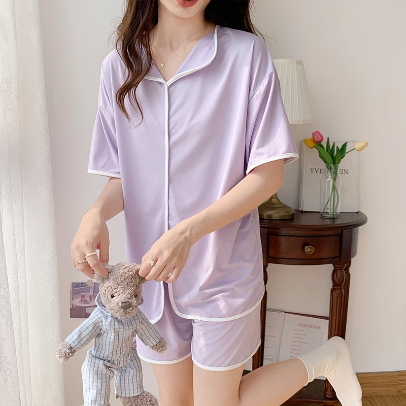 Summer Imitation Cotton Thin Solid Color Pullover V-neck Short Sleeve Shorts Pajamas Women's Set Casual Simple Sweet Homewear