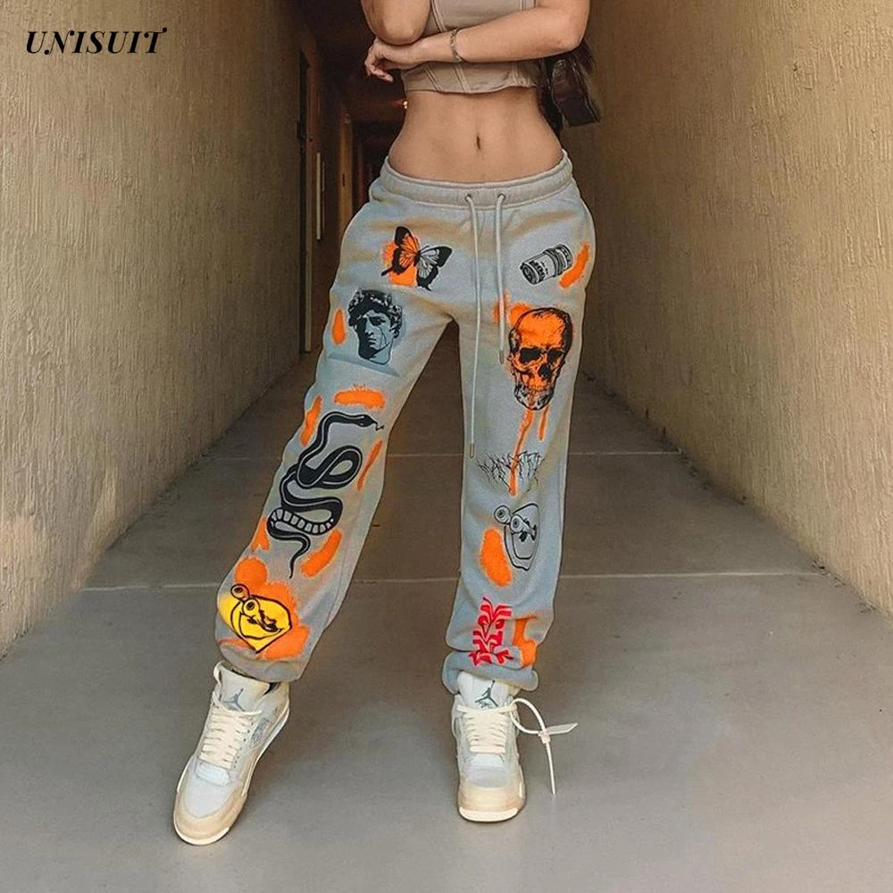 2022 autumn and winter new fashion street trend multi-pattern printed straps thickened warm casual pants palazzo pants