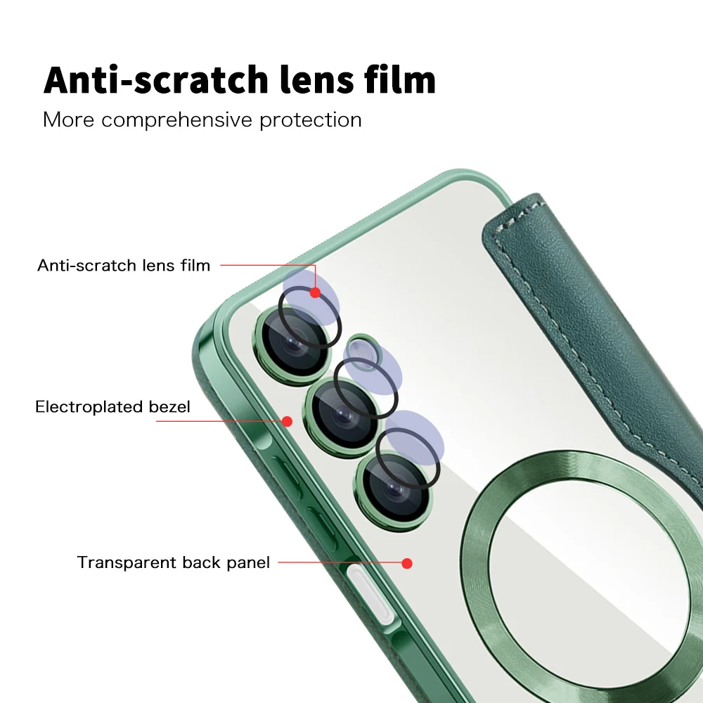 Premium Flip Magnetic Leather Case with Wireless Charging & Transparent Card Slot