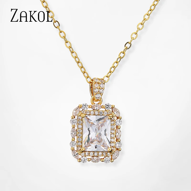 ZAKOL Simple Shiny AAA Cubic Zirconia Rectangle Pendant Necklaces Glamour Bridal Wedding Chain Necklace Fashion Jewelry NP1018 2