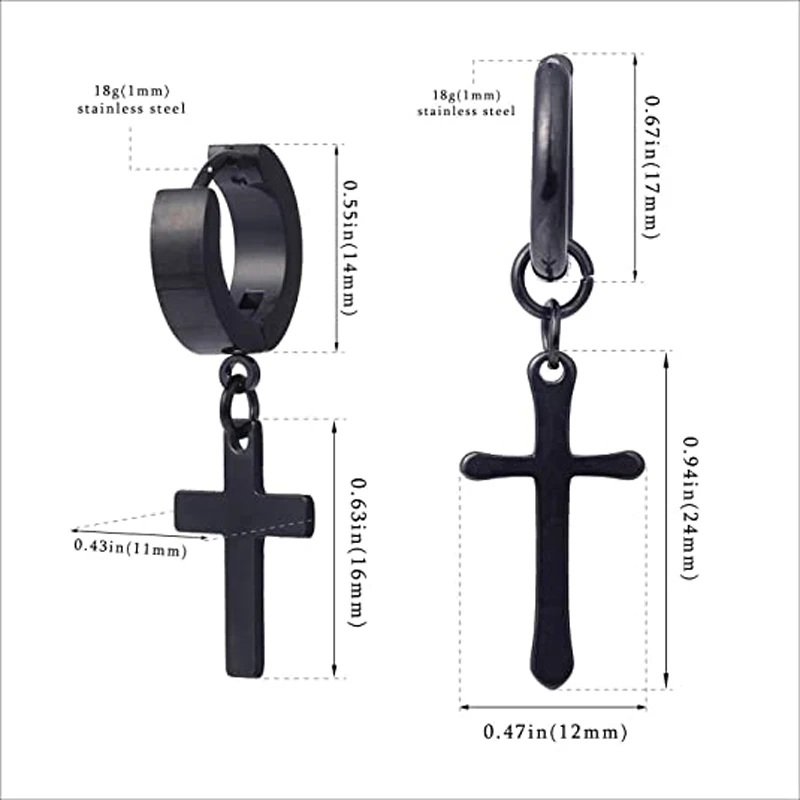 1 Pairs Of Stainless Steel Ear Studs Set With Hanging Cross Punk Style Suitable For Men And Women Black Steel Color
