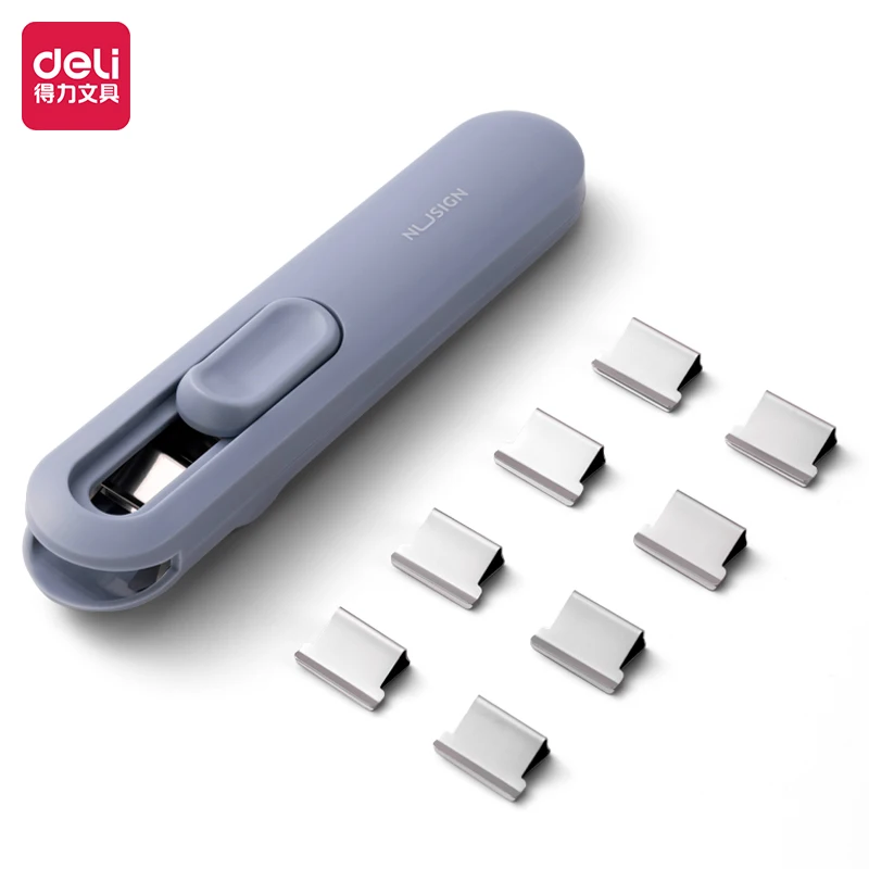 Deli Nusign Portable Hand Paper Clip Dispenser Stapler with 8pcs Metal Refill Clips File Document Clamp Binding Tool Clipper push stapler hand stapler