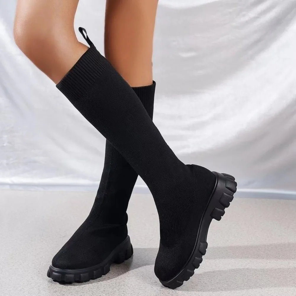 Thick Sole Knitted Long Boots for Women Fashion Elastic Socks Shoes Boots Over Knee Round Toe Low Heels Botas De Mujer 2025