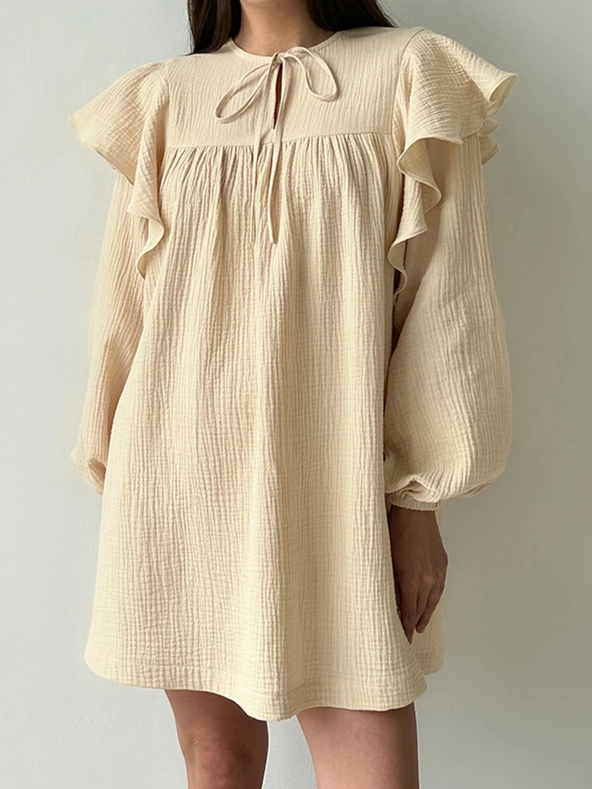 Marthaqiqi Cotton Loose Femme Nightgowns O-Neck Lace Up Sleepwear Long Sleeve Nightwear Casual Mini Dress Home Clothes For Women