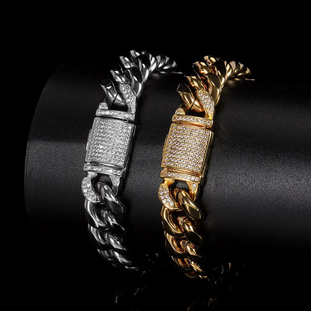 12mm Hip Hop Zircon Flap Buckle Bracelet for Men Women Stainless Steel Cuban Chain Gold Plated Titanium Steel Bracelet Jewelry