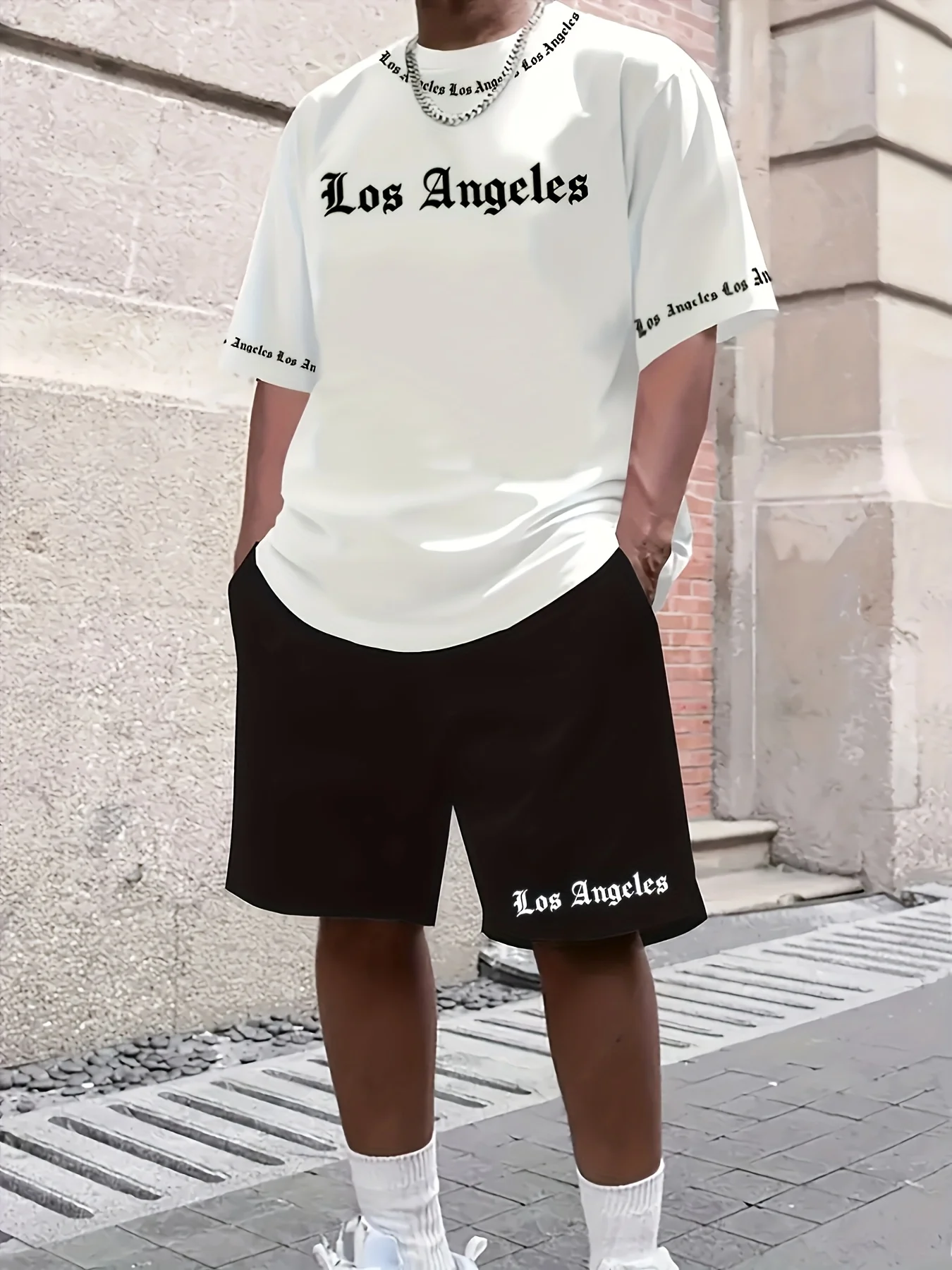 New Holiday Men's Summer Gothic Letter Printed Soft Breathable Round Neck T-shirt Drawstring Shorts Set Outdoor Casual Clothing
