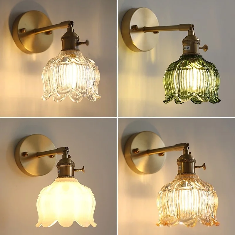 IWHD Copper Rotate LED Wall Light Fixtures Pull Chain Switch Foyer Bedroom Aisle Nordic Modern Flower Glass Bedside Lamp Sconce
